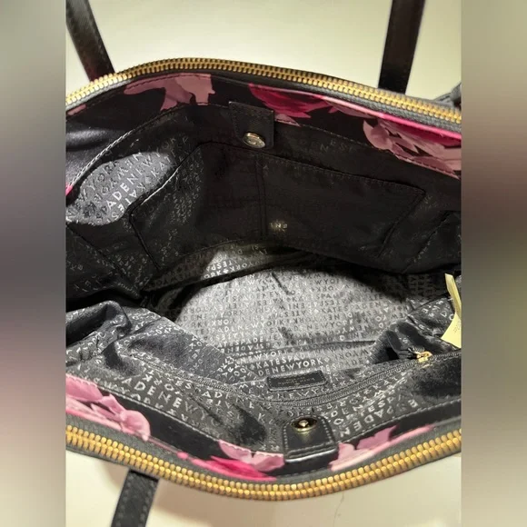 KATE SPADE Crossbody Nylon Tote, P436 Black Pink Roses - Picture 13 of 16